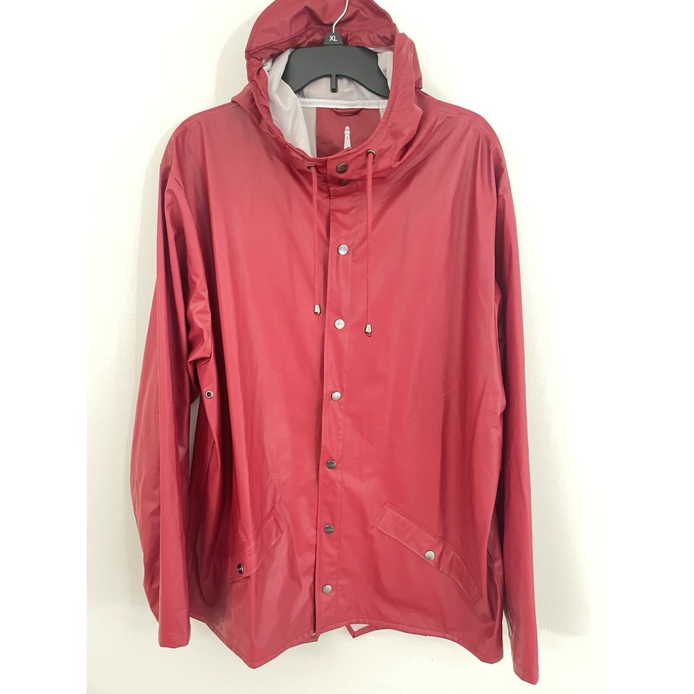 RAINS Waterproof Jacket Scarlet Red Hooded Rain Coat Unisex Size L/XL